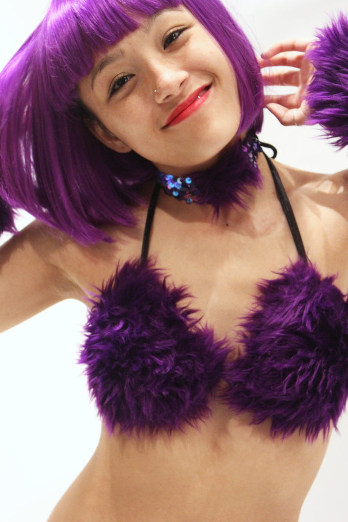 Womens Fur Bikini Top Pink Fuzzy Bra Blacklight Club Rave Cyber Punk Cat  Costume 